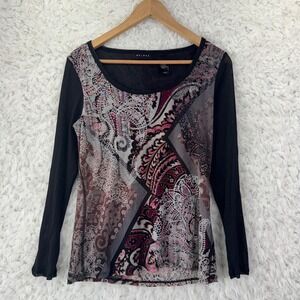 Axcess Mesh‎ Paisley Long Sleeve Top Size M Black Magenta Boho Y2K Whimsygoth